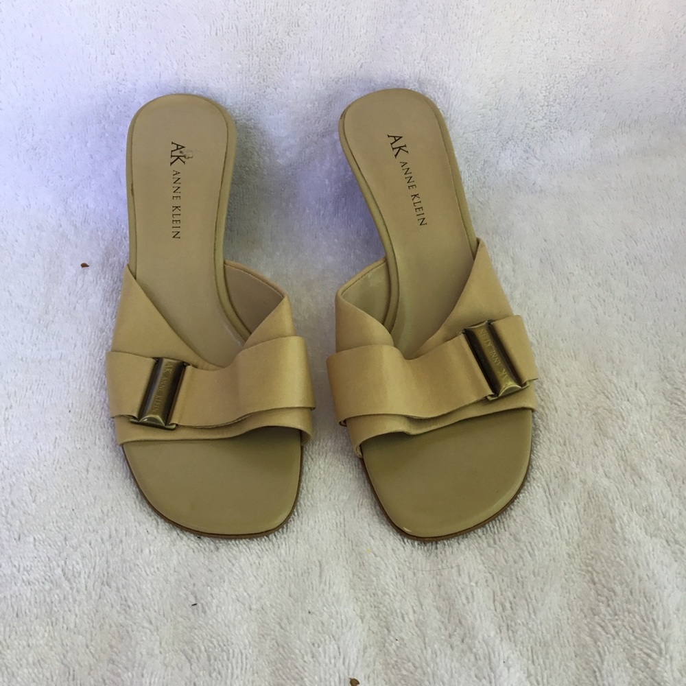 Anne Klein thin wedges, open toe, size 6M, 3” heel, false buckle